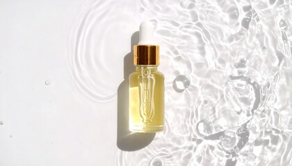 A golden oil dropper bottle sits on a white surface, surrounded by dynamic water ripples and splashing droplets