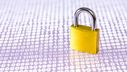 A golden padlock stands on a light purple surface covered with binary code, symbolizing data security and encryption.