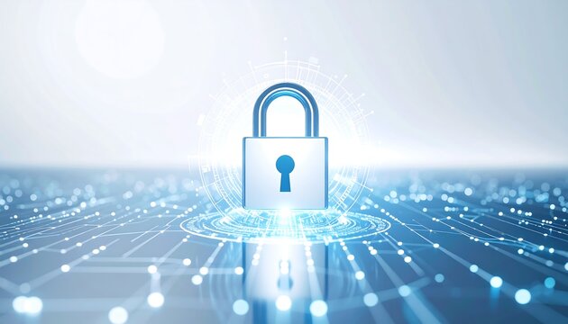 A glowing padlock symbol on a digital grid, symbolizing cybersecurity and data protection.