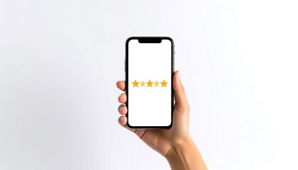 A hand holds a smartphone displaying five golden stars on a white screen, symbolizing a five-star rating or review.
