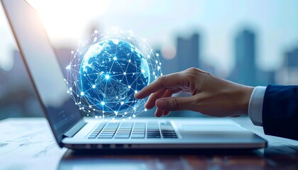 A hand interacts with a glowing digital globe projected from a laptop screen. The image symbolizes global connectivity, technology, and international business.