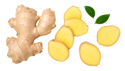 Fresh Ginger Root with Sliced Pieces and Green Leaves, Top View.