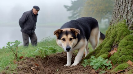 Curious dog digging near a tree and his owner walking in a foggy park