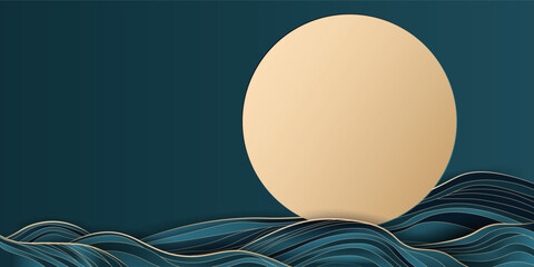 Minimalist mid autumn festival vector, gold full moon and subtle wavy lines on dark background.