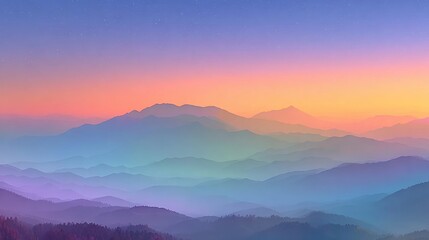 Obraz premium Mountains at Dawn: The soft, ethereal glow of dawn gently caresses a mountainous panorama, painting the landscape in an array of pastel hues, evoking serenity and the dawn of a new day.