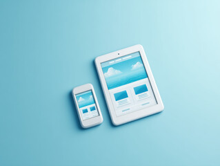  smartphone and a tablet displaying a website with a blue ocean and sky theme on a light blue background.