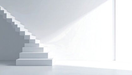 Obraz premium A minimalist interior scene features a clean white staircase bathed in soft light and shadows against a plain white wall.