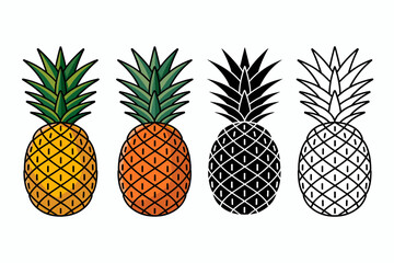 Obraz premium Four pineapple illustrations in a row, showcasing variations in color, orange, yellow, black and white, and outline styles, all with green leaves.