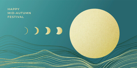 Celebrating Mid Autumn Festival vector banner design with a golden full moon on a teal background and gold wave patterns. Packaging, banner, template, and greeting cards.