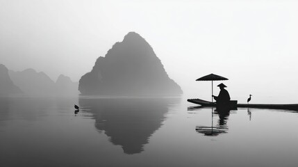 Misty landscape with a fisherman