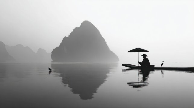 Misty landscape with a fisherman