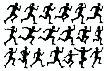 Multiple silhouettes of people running in various poses, creating a dynamic and repetitive pattern against a white background.