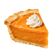 Slice of delicious pumpkin pie with whipped cream isolated on transparent background