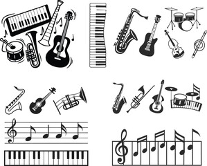 A digital illustration featuring various musical instruments, including a keyboard, saxophone, guitar, trumpet, drums, and sheet music. The images are presented in black on a white background, showcas