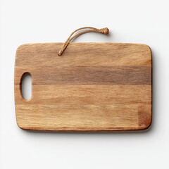 Wooden chopping board with rope handle on white background