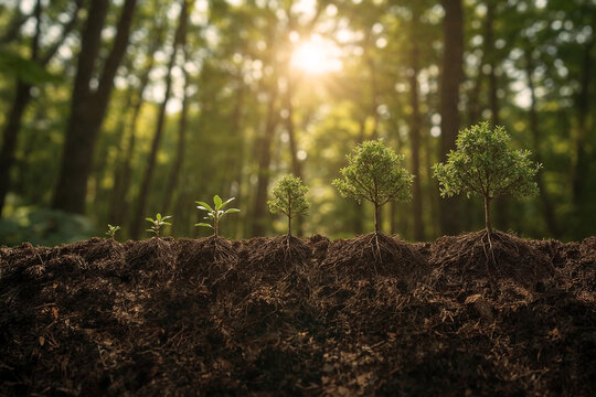 The lifecycle of a plant shown in progressive stages on a cross-section of earth. Represents evolution, timeline, nature's process, and ecological growth in a forest.