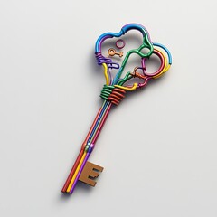 A key is connected to various colored wires, symbolizing the connection between people and technology. The background of the picture should be white or gray.