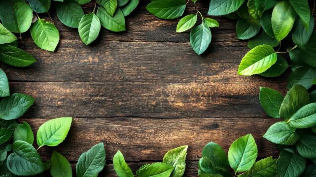 Lush green leaves framing a rustic wooden table, ideal for nature-themed backgrounds or layouts