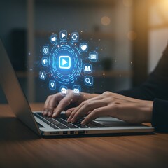 Person typing on laptop with glowing digital media icons and network connections