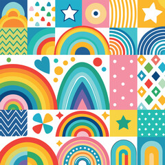 Rainbow vector geometric seamless patterns collection. Set of bright colorful backgrounds with modern minimal labels. Cute abstract geometrical textures. Simple pattern design for babies, kids, decor