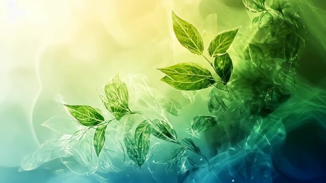 Lush green leaves gently swaying against a soft, colorful background, symbolizing nature's tranquility