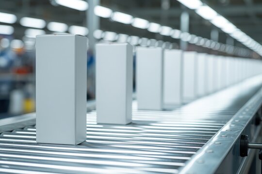 White boxes move along a conveyor belt in a factory