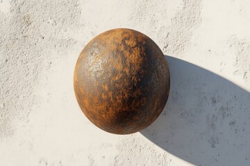Rust-colored sphere on a textured surface.
