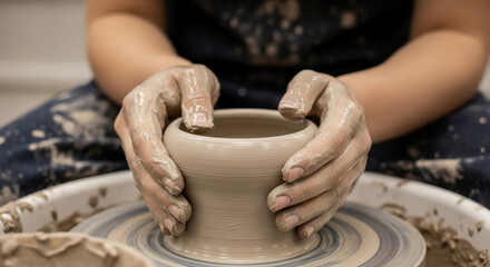 Potter's Hands Shaping Wet Clay on a Spinning Wheel, Creating Ceramic Art