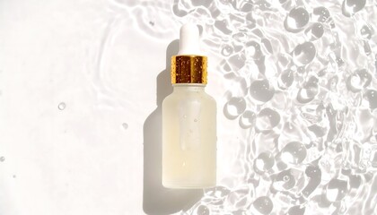 A skincare dropper bottle with golden cap, resting on a white surface with water ripples and translucent bubbles.