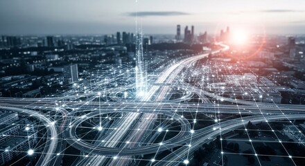 City network aerial view of highway and skyline with data connection for smart city technology