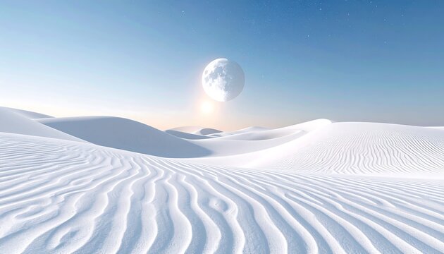 A surreal white desert landscape under a clear blue sky, featuring soft dunes and a large, bright full moon. - Powered by Adobe