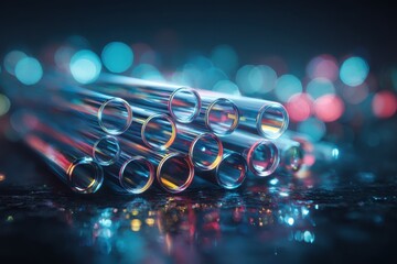 Abstract tubes create a futuristic technology background with colorful light and reflection effects for science