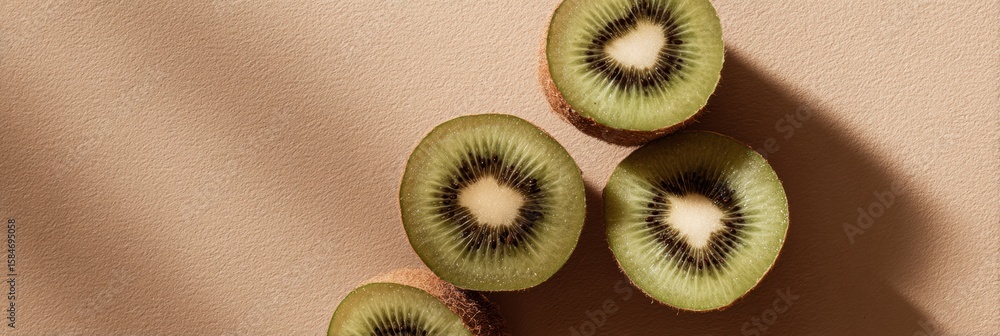 Poster kiwi halves hover on a neutral canvas creating a minimalistic display of vibrant colors and textures