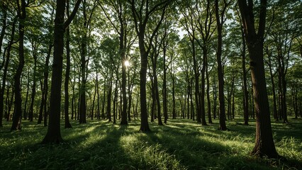 Obraz premium Sunlight filtering through a dense forest canopy.