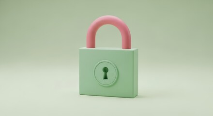 Fototapeta premium Photo of a light green padlock with a pink handle stands on a light green surface