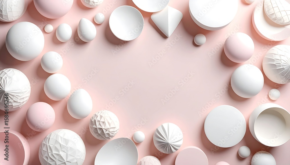 Poster abstract 3d rendering of white and pastel pink geometric shapes, including spheres, eggs, and textur