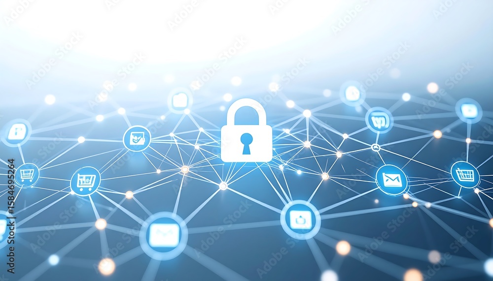 Poster abstract cybersecurity concept image with a central padlock surrounded by networked icons on a blue 