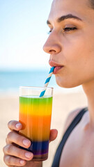 Persona bebiendo jugo de colores vibrantes con pajilla azul sobre fondo de playa, escena brillante que combina frescura, verano y disfrute visual