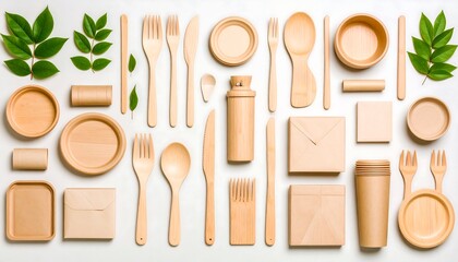 Eco-friendly wooden cutlery, plates, and kraft paper items neatly arranged with green leaves on a white background.