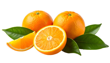 Fresh Oranges with Green Leaves, Showing Sections and Whole Fruits