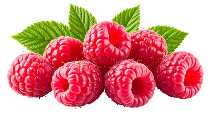 Fresh raspberries with vibrant green leaves, showcasing their juicy texture and bright color