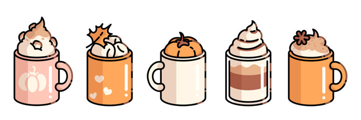 Autumn coffee cup collection - mug with whipped cream, orange drinks topped with maple leaf and pumpkin decorations, layered latte, spiced beverage. Cozy fall cafe illustrations for seasonal menus.