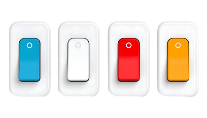 Four Colorful Light Switches with Distinctive Colored Toggle Buttons and White Frames.