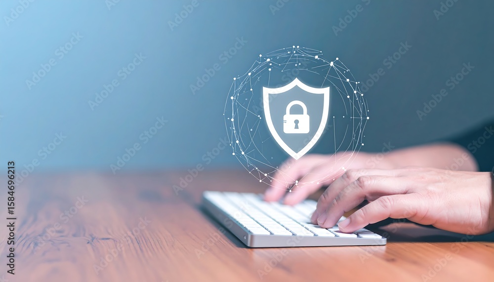 Poster hands typing on a keyboard beneath a glowing shield icon with a padlock, representing cybersecurity.