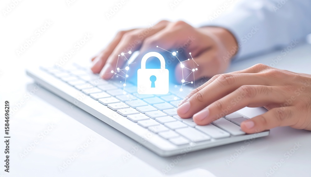 Poster hands typing on a keyboard with a glowing padlock icon and network graphic, symbolizing cybersecurit