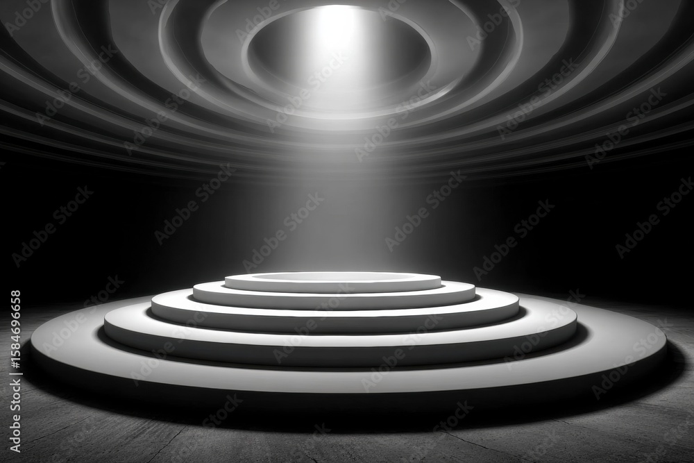 Poster stage spotlight: an empty circular stage is illuminated by a dramatic spotlight, casting shadows in 