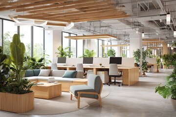Fototapeta premium Modern office interior design with plants and natural light space