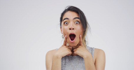 Surprised, woman and reaction to news, portrait or amazed by announcement, mockup space or...