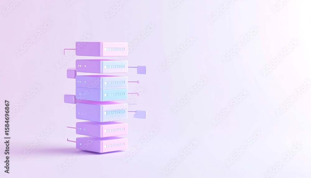 Poster stacked pastel server units with glowing connections, symbolizing data storage and cloud computing o