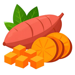 Isometric Sweet Potato, Orange Slices, and Cubed Mango with Green Leaves